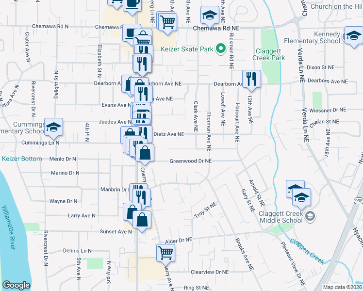 map of restaurants, bars, coffee shops, grocery stores, and more near 811 Ivy Way Northeast in Keizer