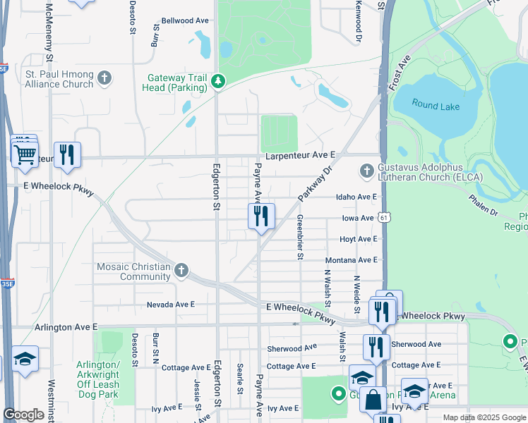 map of restaurants, bars, coffee shops, grocery stores, and more near 1600 Payne Avenue in Saint Paul