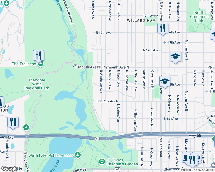 map of restaurants, bars, coffee shops, grocery stores, and more near 1121 North Vincent Avenue in Minneapolis