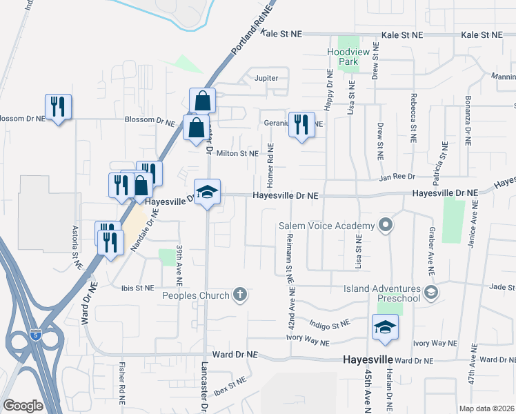 map of restaurants, bars, coffee shops, grocery stores, and more near 4678 Treeside Drive Northeast in Salem