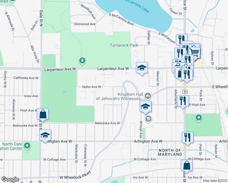 map of restaurants, bars, coffee shops, grocery stores, and more near 1661 Western Avenue North in Saint Paul