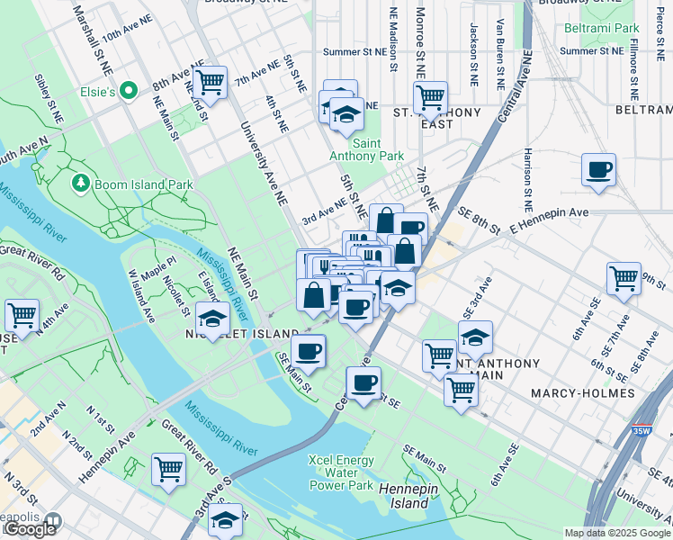 map of restaurants, bars, coffee shops, grocery stores, and more near 309 1st Avenue Northeast in Minneapolis