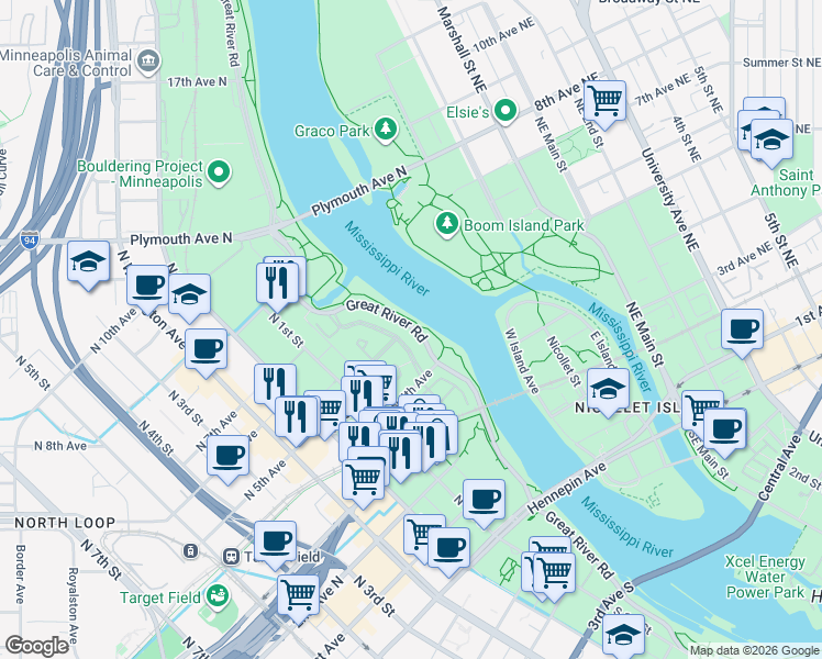 map of restaurants, bars, coffee shops, grocery stores, and more near 6 West River Parkway in Minneapolis