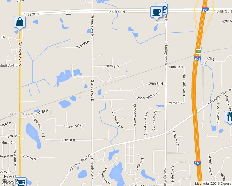 map of restaurants, bars, coffee shops, grocery stores, and more near 6657 29th Street North in Oakdale