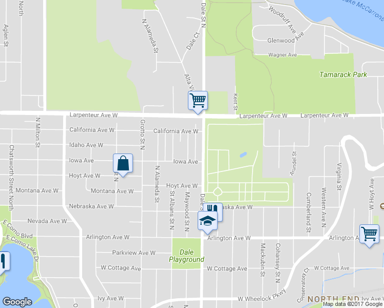 map of restaurants, bars, coffee shops, grocery stores, and more near 1603 Maywood Street North in Saint Paul
