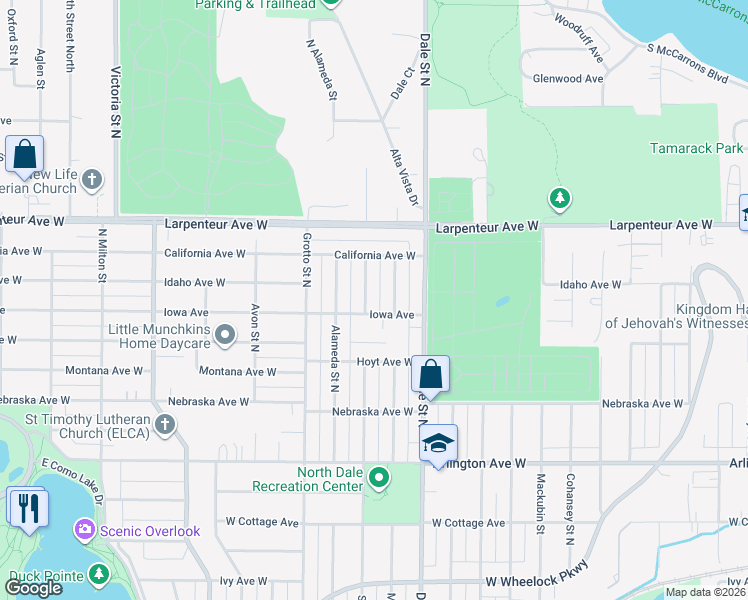 map of restaurants, bars, coffee shops, grocery stores, and more near 1599 Saint Albans Street North in Saint Paul