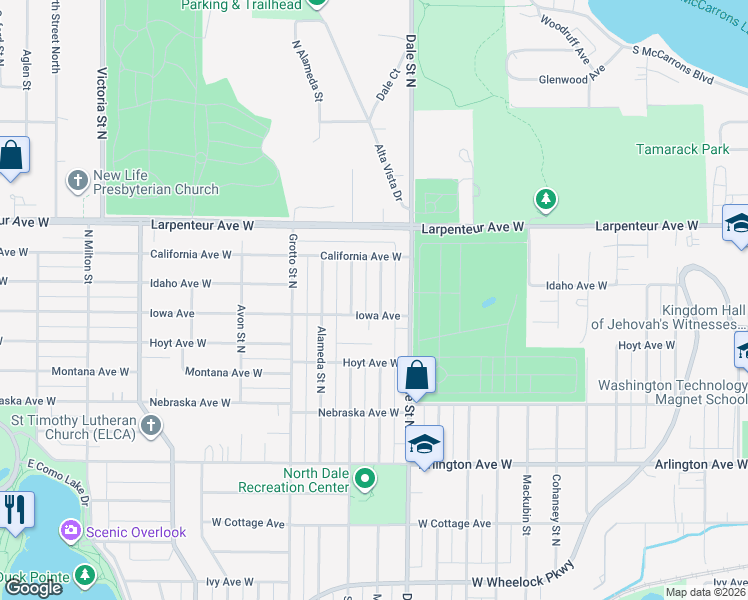 map of restaurants, bars, coffee shops, grocery stores, and more near 1603 Maywood Street North in Saint Paul