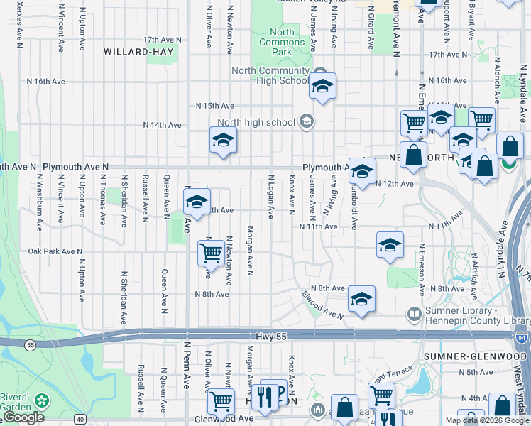 map of restaurants, bars, coffee shops, grocery stores, and more near 1123 North Logan Avenue in Minneapolis