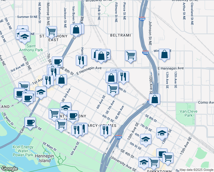 map of restaurants, bars, coffee shops, grocery stores, and more near 821 6th Avenue Southeast in Minneapolis