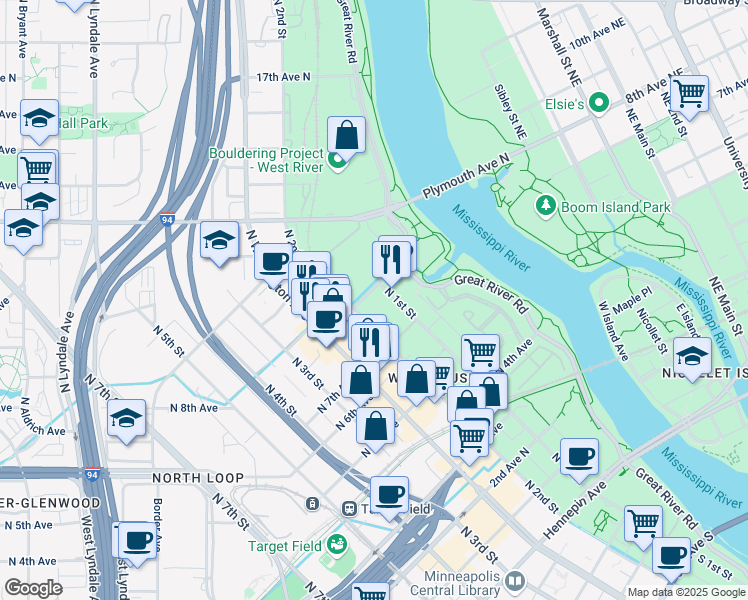 map of restaurants, bars, coffee shops, grocery stores, and more near 713 North 1st Street in Minneapolis