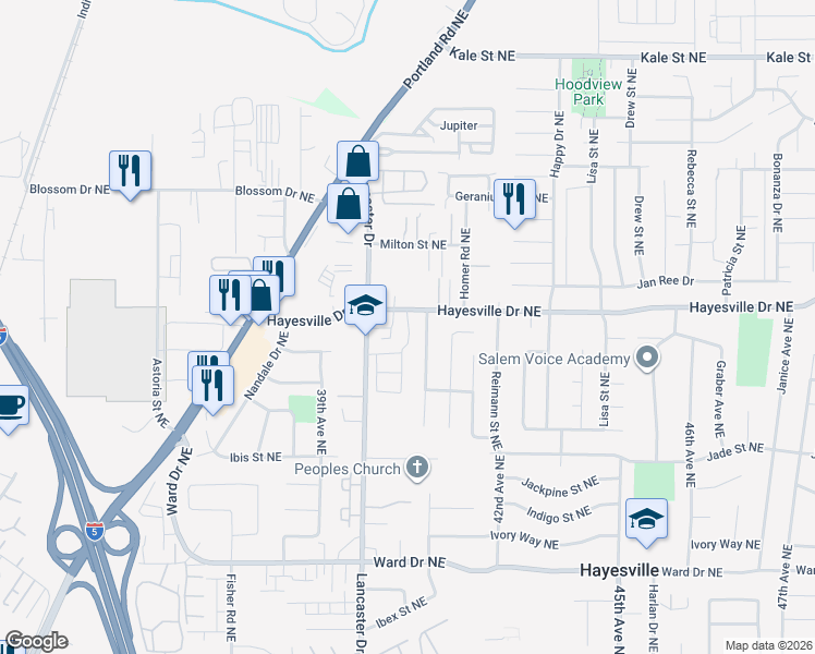 map of restaurants, bars, coffee shops, grocery stores, and more near 4672-4682 Lancaster Drive Northeast in Salem