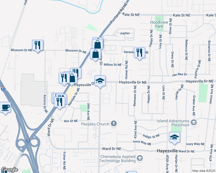 map of restaurants, bars, coffee shops, grocery stores, and more near 4672-4682 Lancaster Drive Northeast in Salem