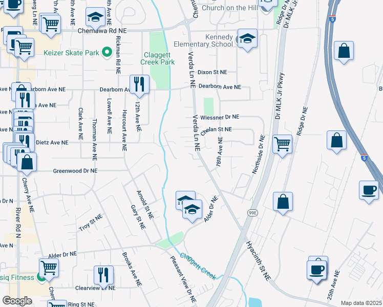map of restaurants, bars, coffee shops, grocery stores, and more near 1731 Wildwood Place Northeast in Keizer