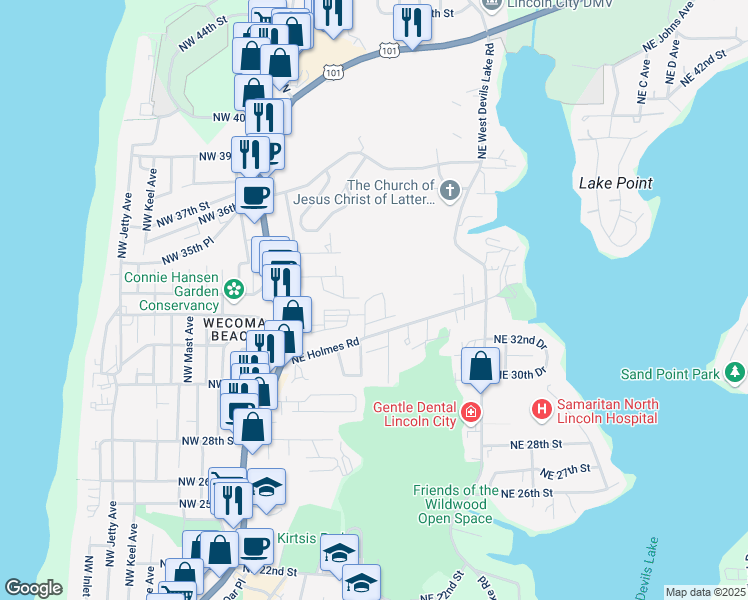 map of restaurants, bars, coffee shops, grocery stores, and more near 3335 Northeast Surf Avenue in Lincoln City