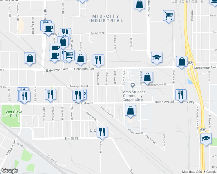 map of restaurants, bars, coffee shops, grocery stores, and more near 1054 25th Avenue Southeast in Minneapolis