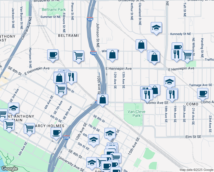 map of restaurants, bars, coffee shops, grocery stores, and more near 1054 11th Avenue Southeast in Minneapolis