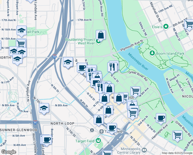 map of restaurants, bars, coffee shops, grocery stores, and more near 815 North 2nd Street in Minneapolis