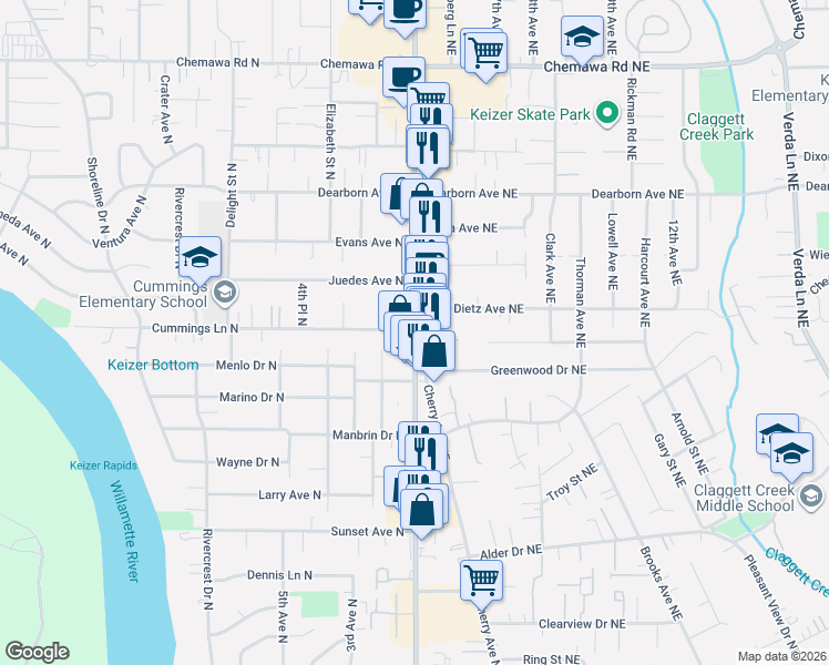 map of restaurants, bars, coffee shops, grocery stores, and more near River Road North in Keizer
