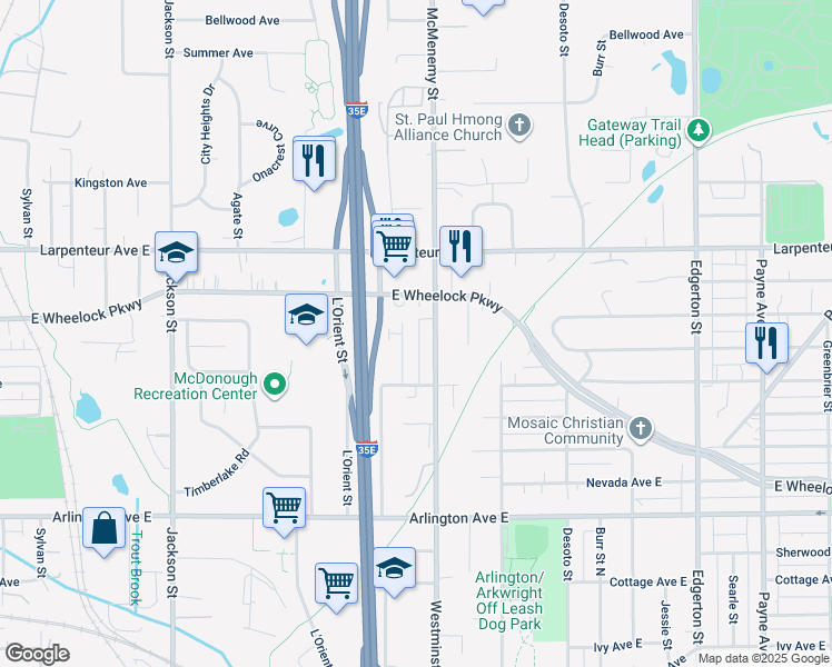 map of restaurants, bars, coffee shops, grocery stores, and more near 1610 Idaho Avenue East in Saint Paul