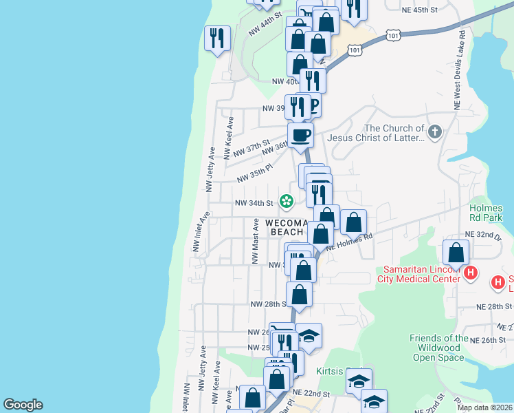 map of restaurants, bars, coffee shops, grocery stores, and more near 1788 Northwest 34th Street in Lincoln City