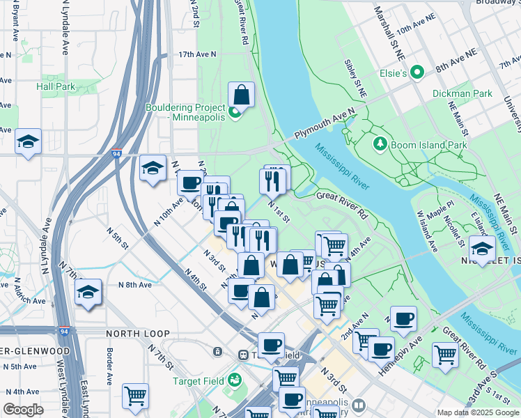 map of restaurants, bars, coffee shops, grocery stores, and more near 713 North 1st Street in Minneapolis