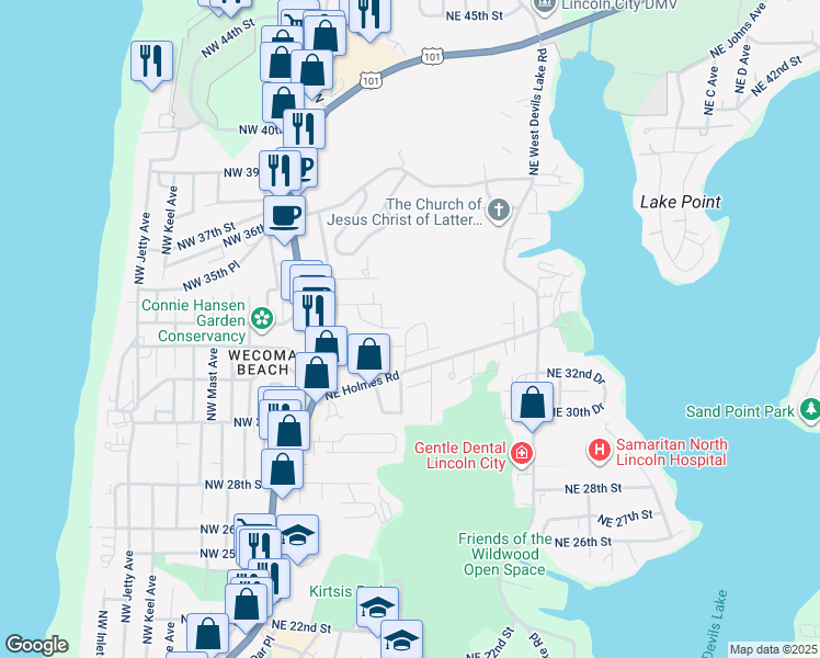 map of restaurants, bars, coffee shops, grocery stores, and more near 3335 Northeast Surf Avenue in Lincoln City