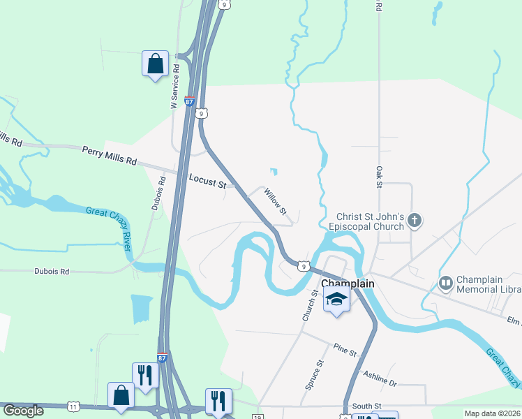 map of restaurants, bars, coffee shops, grocery stores, and more near 1242 Main Street in Champlain