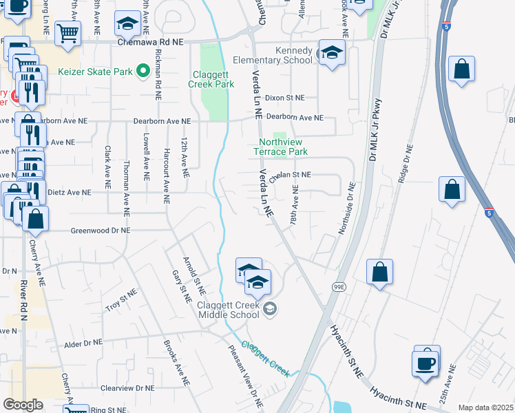 map of restaurants, bars, coffee shops, grocery stores, and more near 1731 Wildwood Place Northeast in Keizer