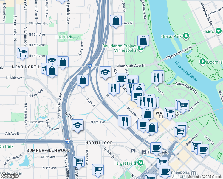 map of restaurants, bars, coffee shops, grocery stores, and more near 302 North 10th Avenue in Minneapolis
