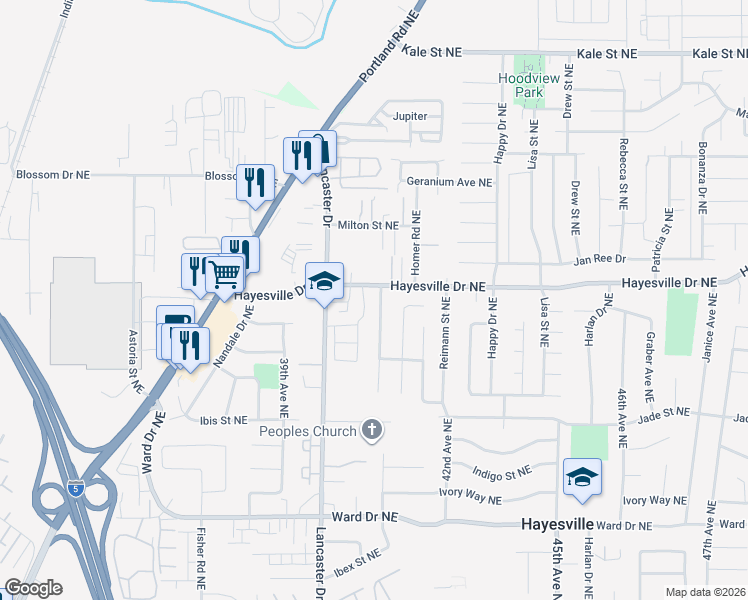 map of restaurants, bars, coffee shops, grocery stores, and more near 4678 Treeside Drive Northeast in Salem