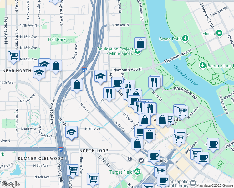 map of restaurants, bars, coffee shops, grocery stores, and more near 915 North Washington Avenue in Minneapolis