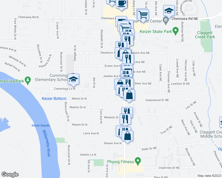 map of restaurants, bars, coffee shops, grocery stores, and more near 281 Cummings Lane North in Keizer
