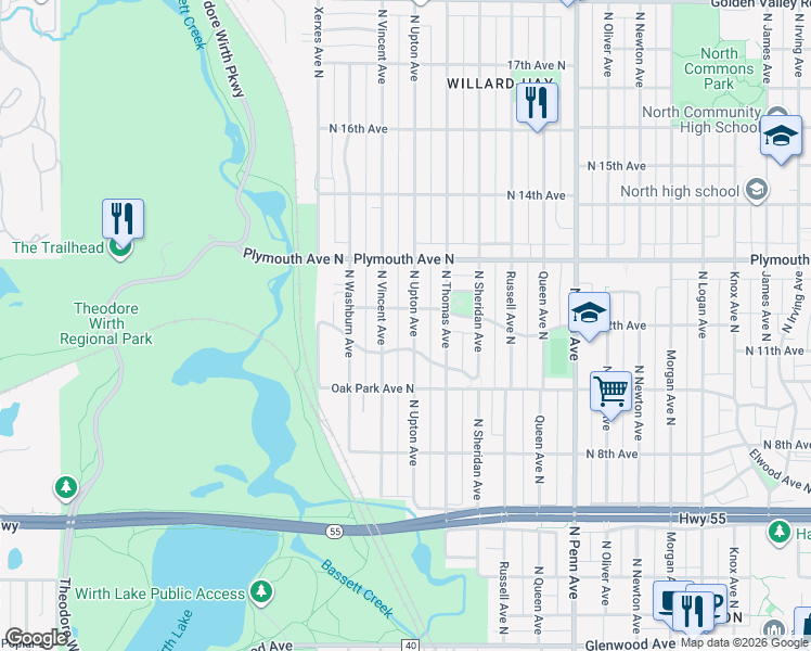 map of restaurants, bars, coffee shops, grocery stores, and more near 1111 North Upton Avenue in Minneapolis