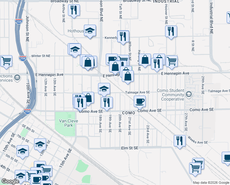 map of restaurants, bars, coffee shops, grocery stores, and more near 1950 Talmage Avenue Southeast in Minneapolis