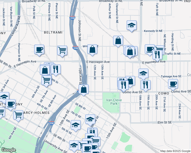 map of restaurants, bars, coffee shops, grocery stores, and more near 1057 13th Avenue Southeast in Minneapolis