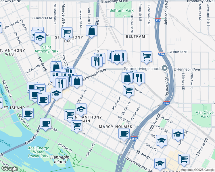 map of restaurants, bars, coffee shops, grocery stores, and more near 420 Southeast 8th Street in Minneapolis