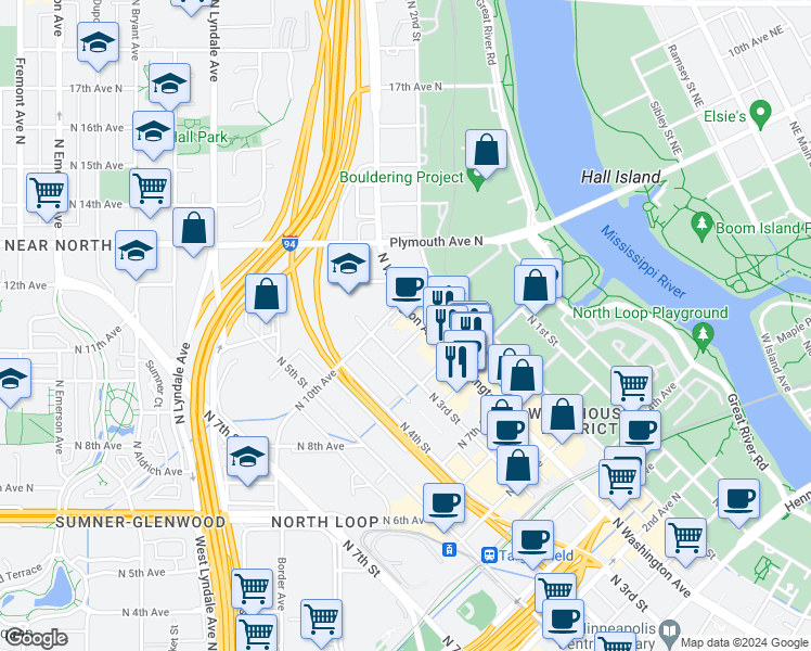 map of restaurants, bars, coffee shops, grocery stores, and more near 218 9th Avenue North in Minneapolis
