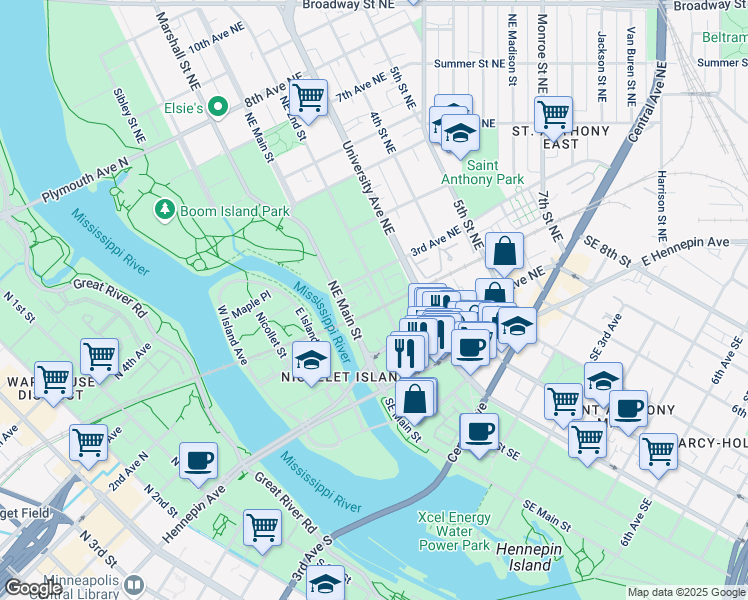 map of restaurants, bars, coffee shops, grocery stores, and more near 200 Northeast 2nd Street in Minneapolis
