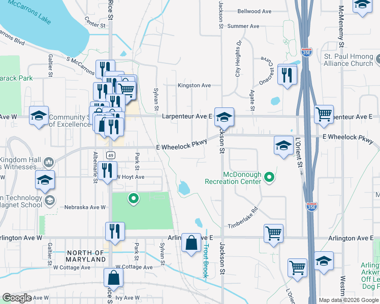 map of restaurants, bars, coffee shops, grocery stores, and more near 46 West Wheelock Parkway in Saint Paul