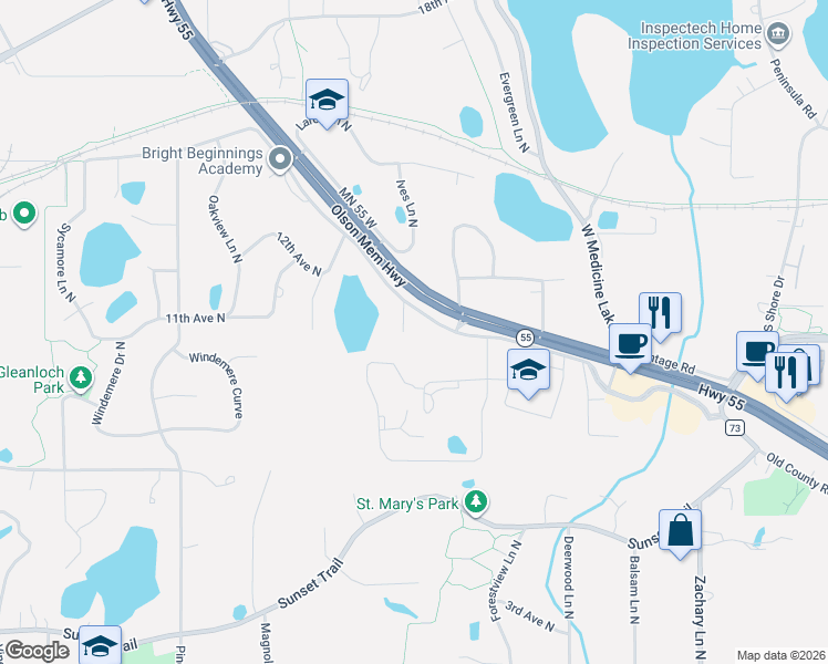 map of restaurants, bars, coffee shops, grocery stores, and more near 1020 Ives Lane North in Plymouth