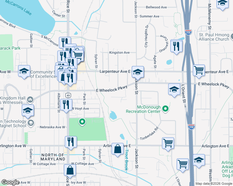 map of restaurants, bars, coffee shops, grocery stores, and more near 46 West Wheelock Parkway in Saint Paul
