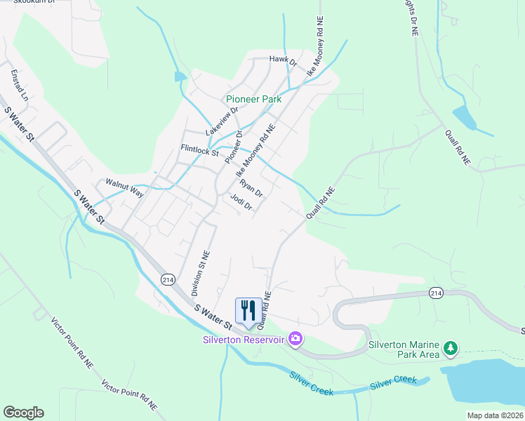 map of restaurants, bars, coffee shops, grocery stores, and more near 922 Travis Drive Northeast in Silverton