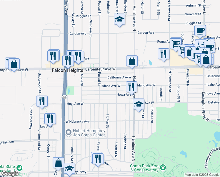 map of restaurants, bars, coffee shops, grocery stores, and more near 1427 Iowa Avenue West in Falcon Heights