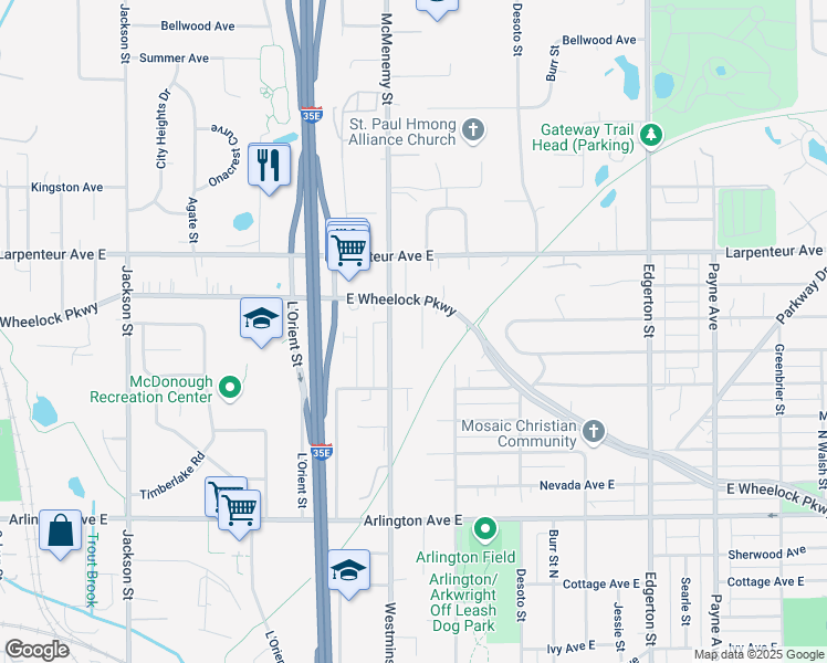 map of restaurants, bars, coffee shops, grocery stores, and more near 1611 Edgemont Street in Saint Paul