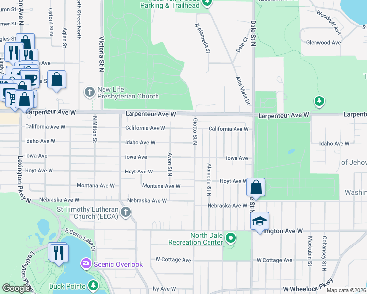 map of restaurants, bars, coffee shops, grocery stores, and more near 761 Iowa Avenue West in Saint Paul