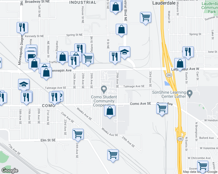 map of restaurants, bars, coffee shops, grocery stores, and more near 1030 27th Avenue Southeast in Minneapolis