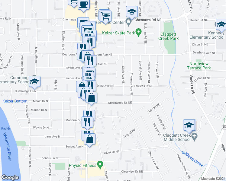 map of restaurants, bars, coffee shops, grocery stores, and more near 792 Dietz Avenue Northeast in Keizer