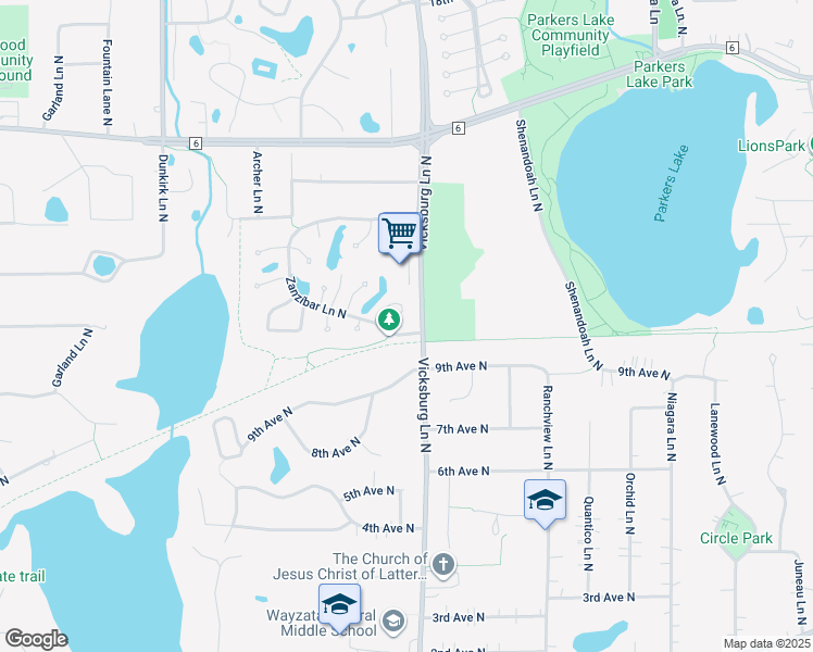 map of restaurants, bars, coffee shops, grocery stores, and more near 1095 Weston Lane North in Plymouth