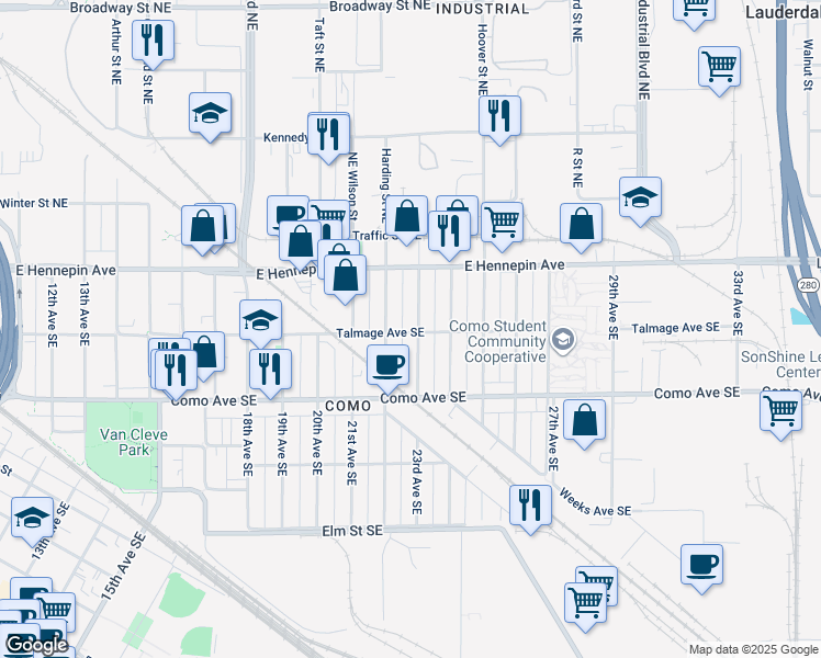 map of restaurants, bars, coffee shops, grocery stores, and more near 1049 23rd Avenue Southeast in Minneapolis