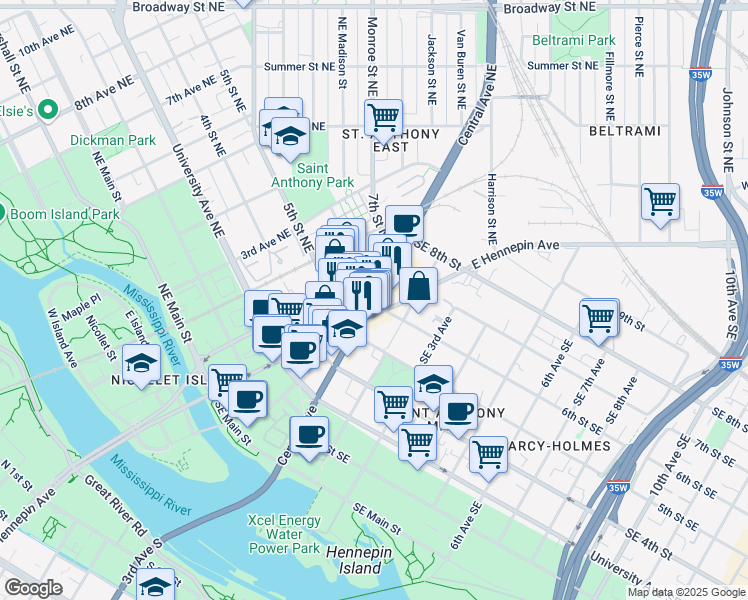 map of restaurants, bars, coffee shops, grocery stores, and more near in Minneapolis